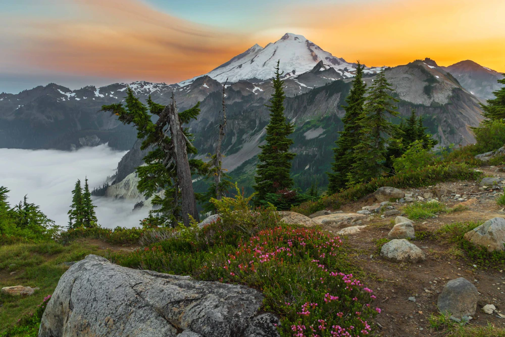 snow covered mountain peak at sunset with fog in the valley below