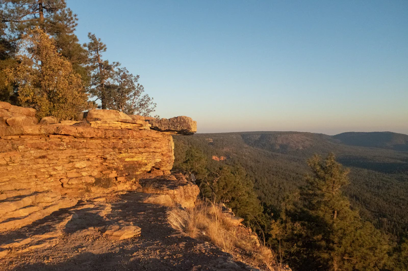 rocky overlook over forest at sunset