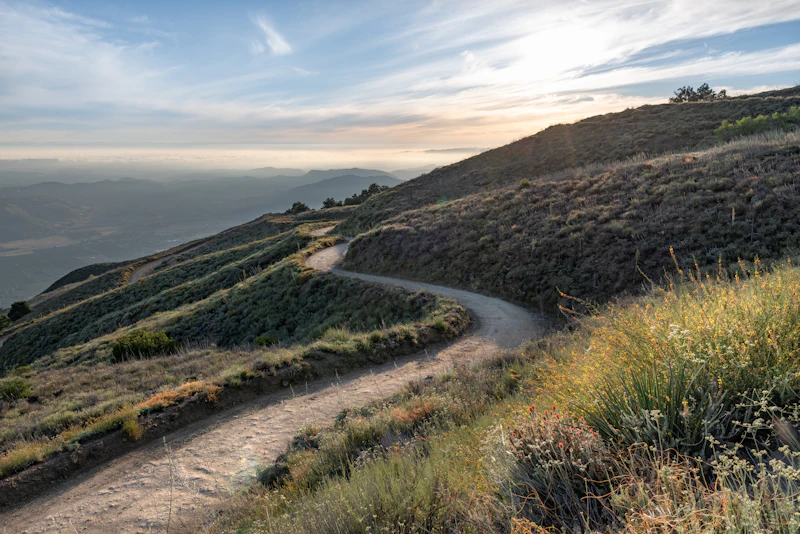 a winding wide trail atop a meadow on a hill