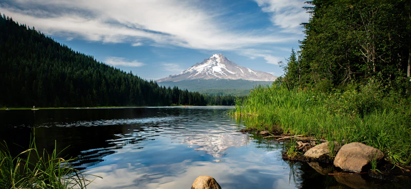 Mt. Hood rises above a glassy lake.