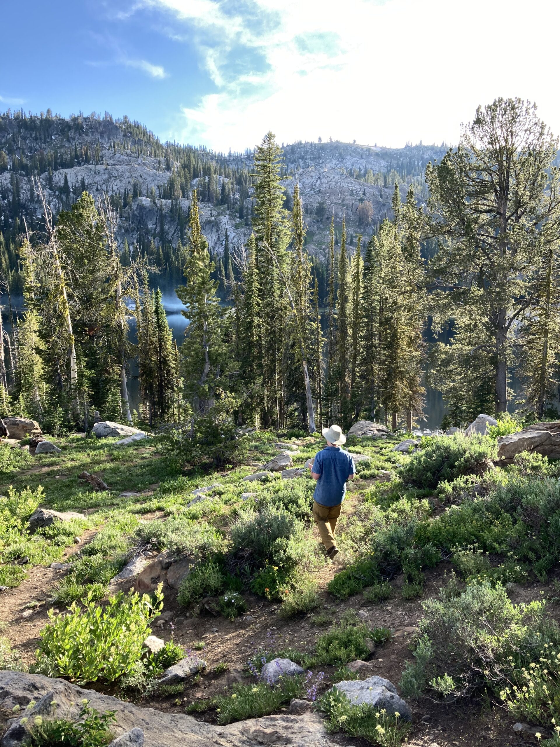 a hiker walks through the forest towards and alpine lake