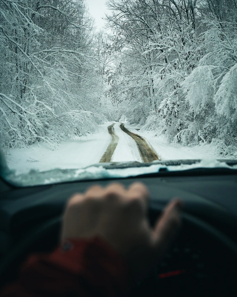 Hand on the steering wheel, driving on a snow covered forest road.
