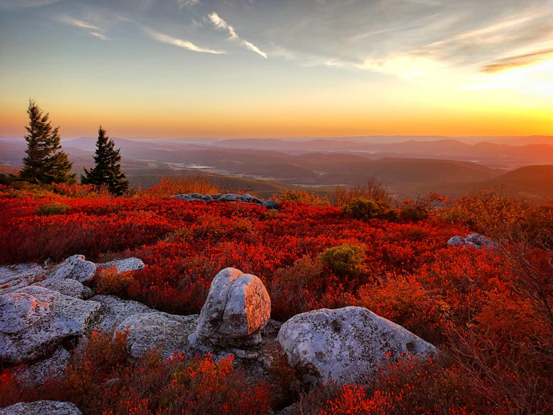 Autumn sunset over rocky highlands.