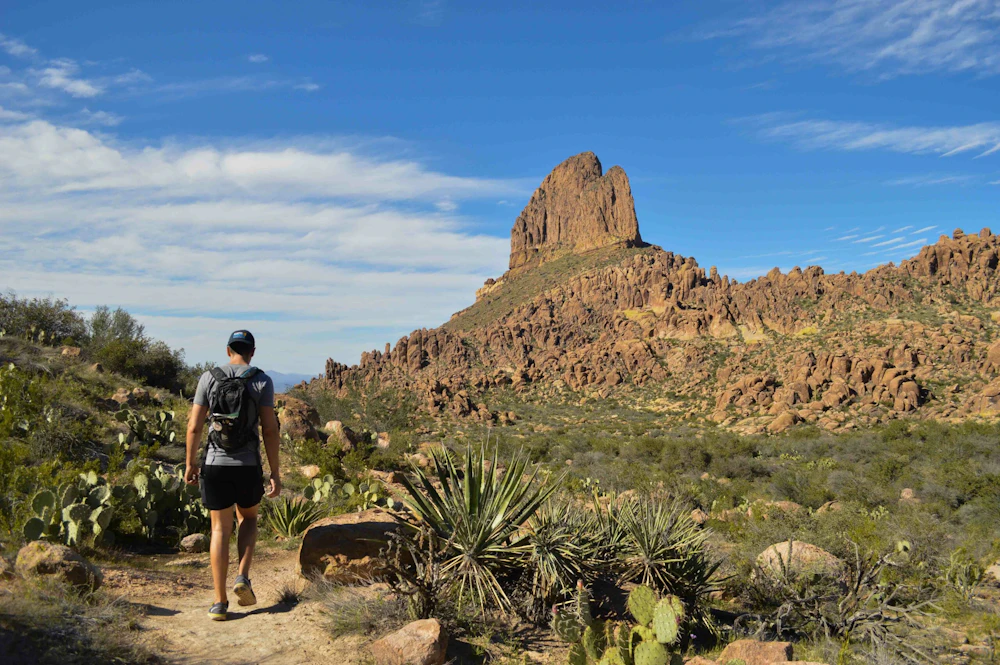 a hiker walks down a dirt trail in a desert