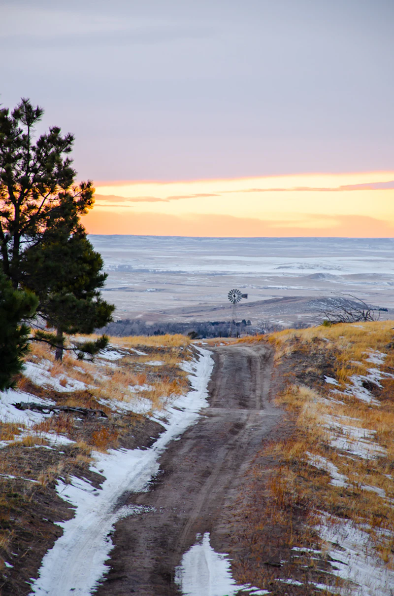 Icy road through grasslands.