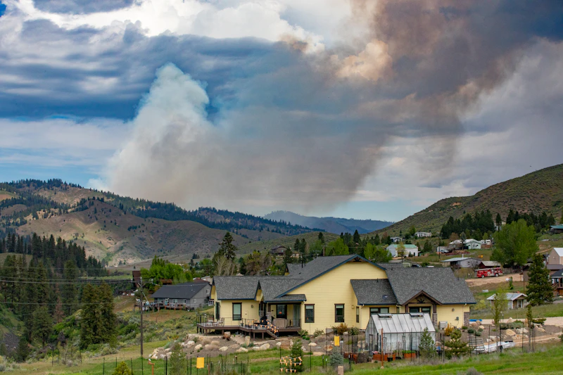 smoke from a distant wildfire near a neighborhood