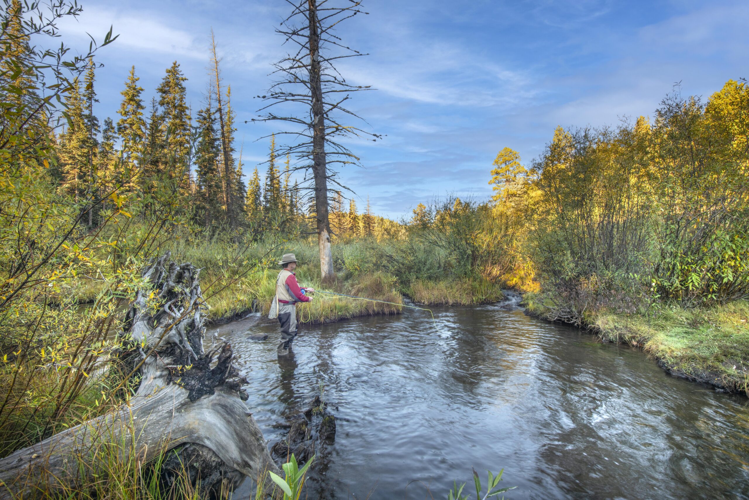a man stands in a river and fly fishes