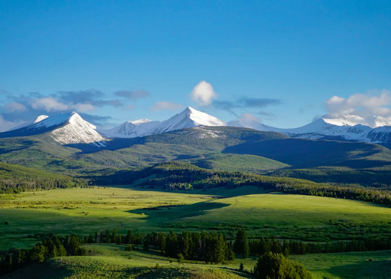 snow covered mountains in the distance in front of green prairies and forests