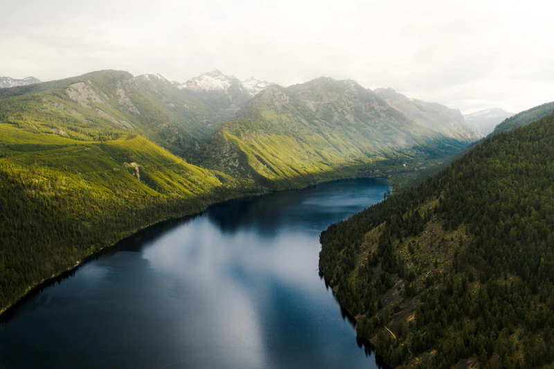 aerial view of a large lake in the mountains