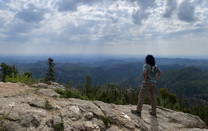 a hiker takes in a aerial forest view