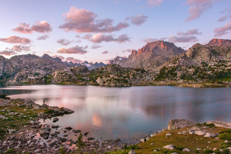 Sunset over an alpine lake.