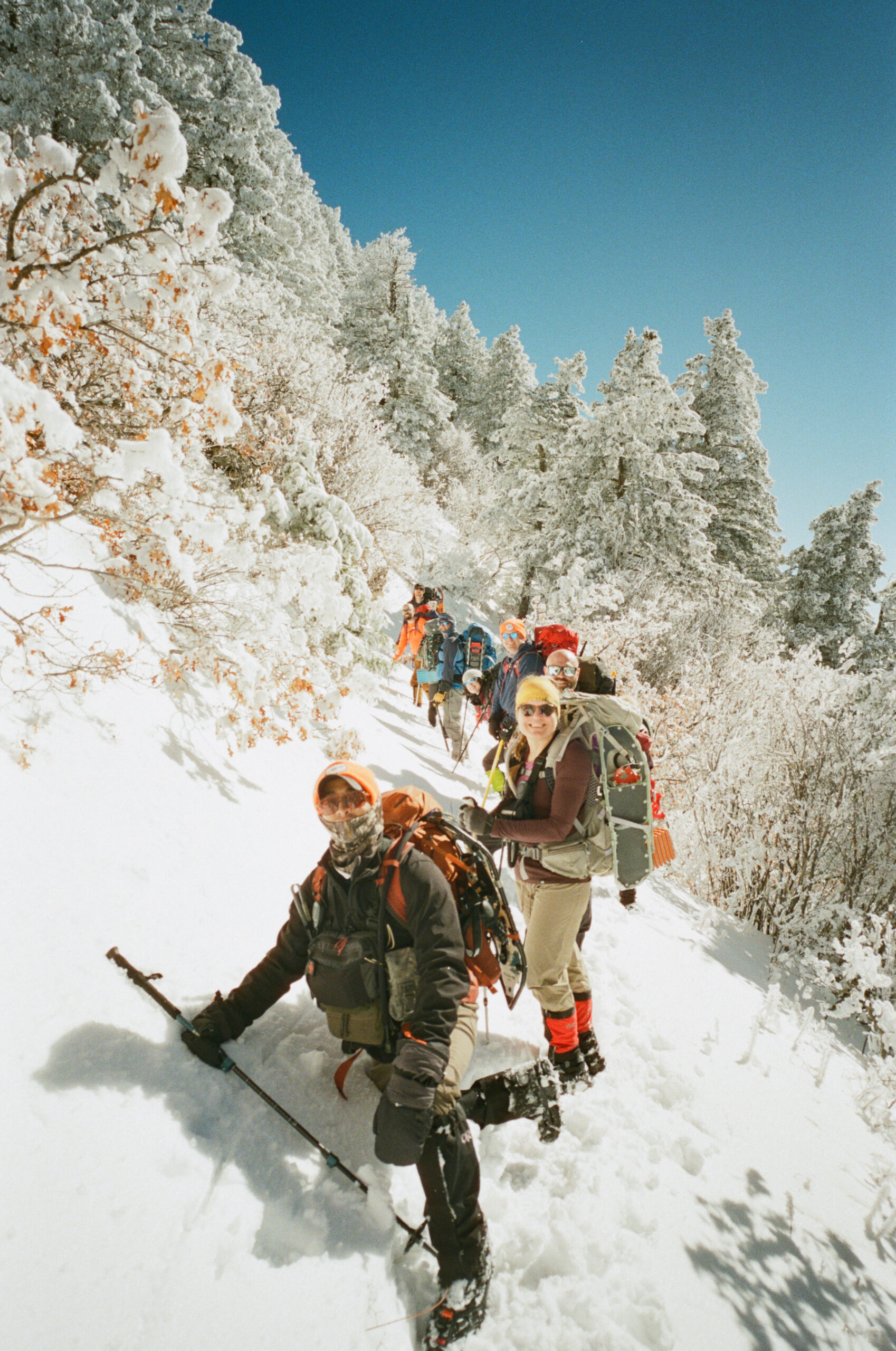 Snowshoeing.
