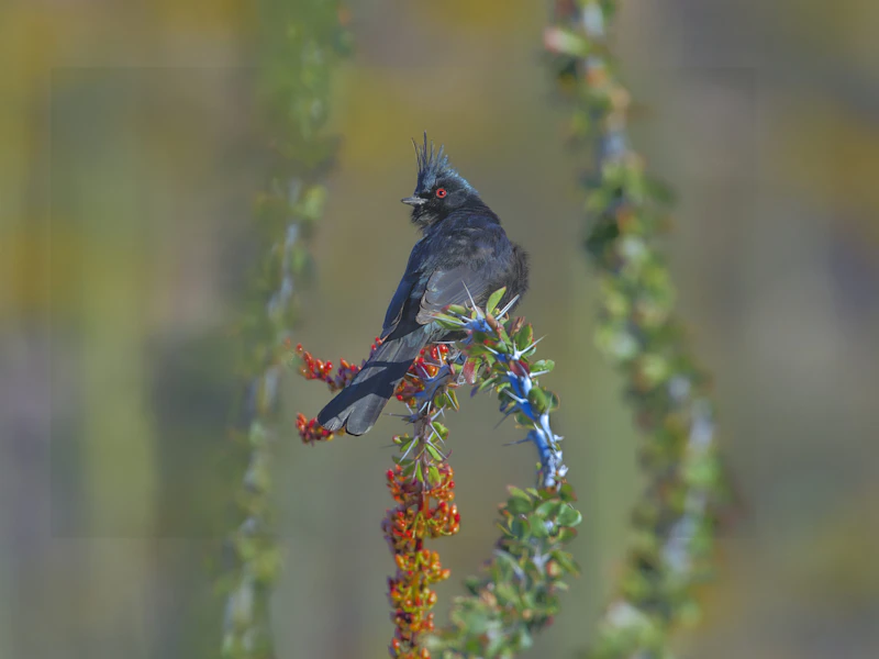 Male Phainopepla that landed on a blooming ocotillo.