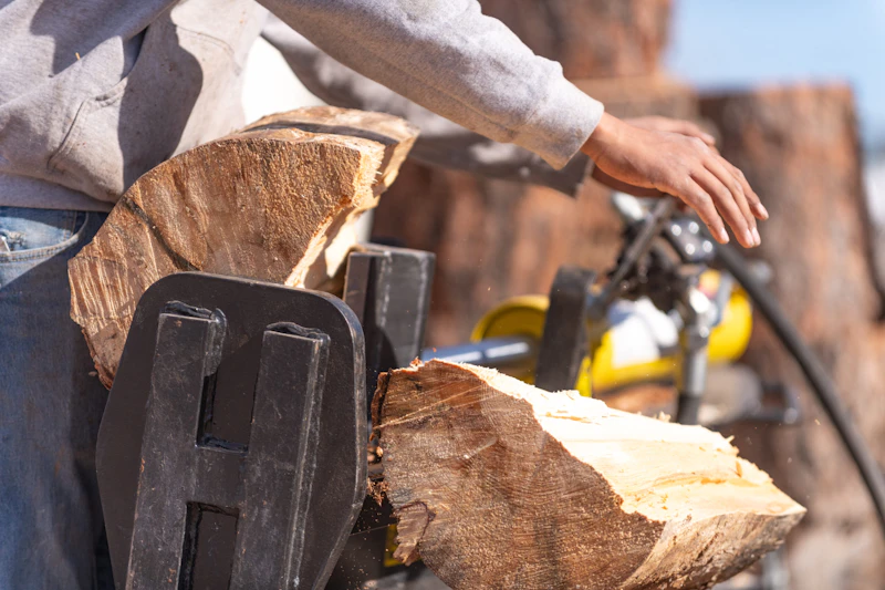 Crews split logs into firewood.