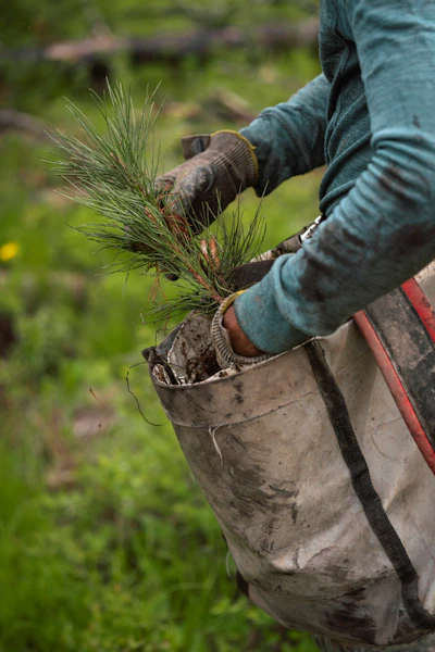 Tree planter pulls a seedling out of their hip bag to plant.