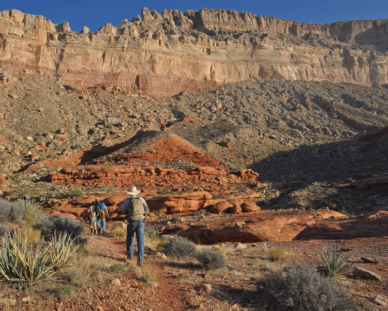 Hikers traverse a rocky canyon.