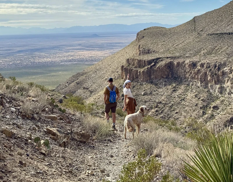 Hikers follow a rocky trail.
