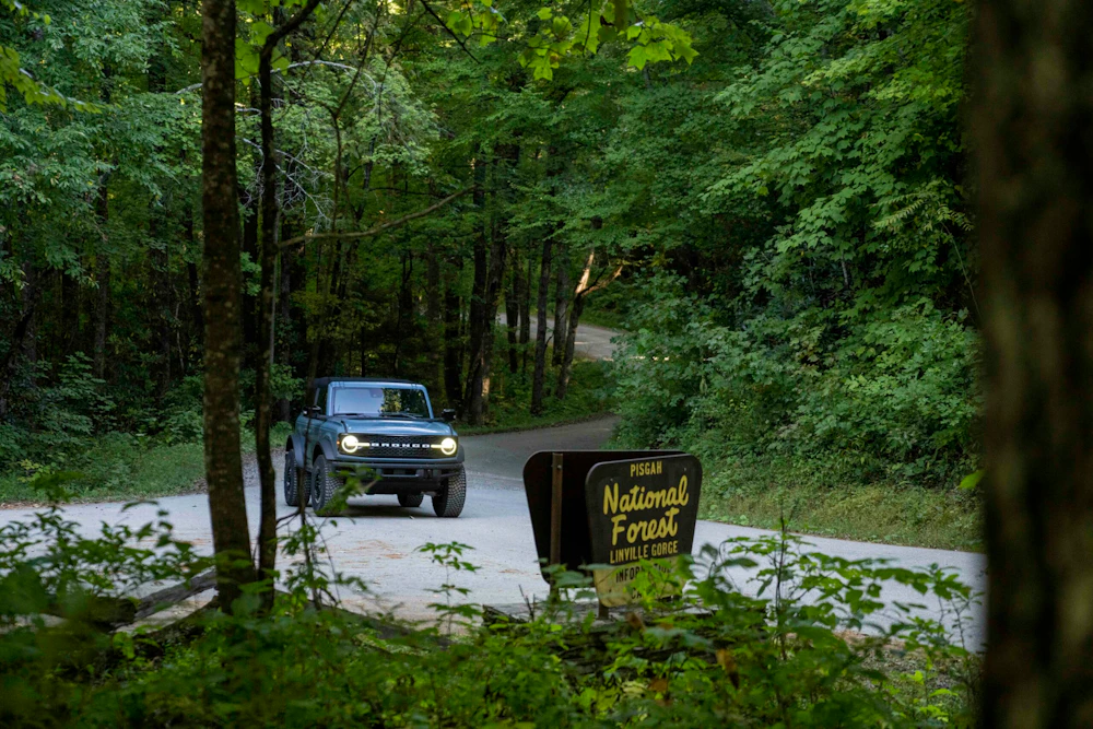 vehicle driving a gravel road in front of a forest sign