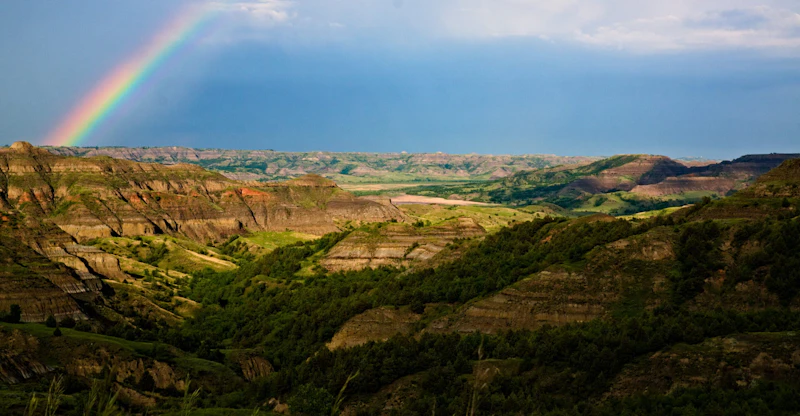 Rainbow over a vast gorge.