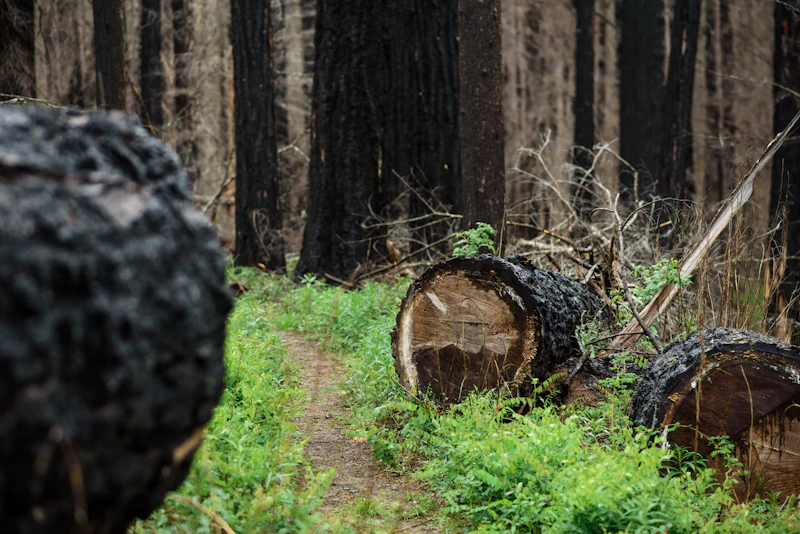 narrow trail at forest level between two burned logs.