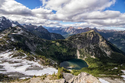 aerial view of mountain peaks and a lake