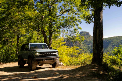 vehicle on a dirt road in the forest