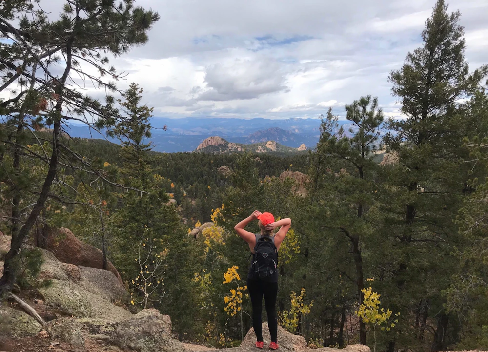person in a ball cap and backpack looking at the forest mountain view