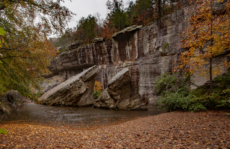 Cliffs rising out of a pool.
