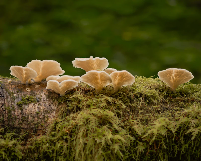 Delicate mushrooms fan out along a moss-covered log.