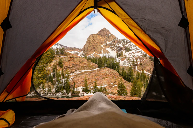 Mountain view from inside a tent.