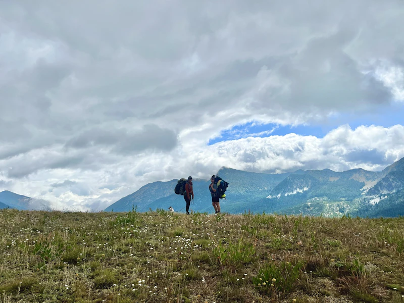 Two hikers admire the mountain view.