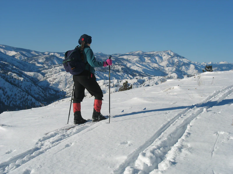a person snowshoes across a snowy expanse in front of distant mountains