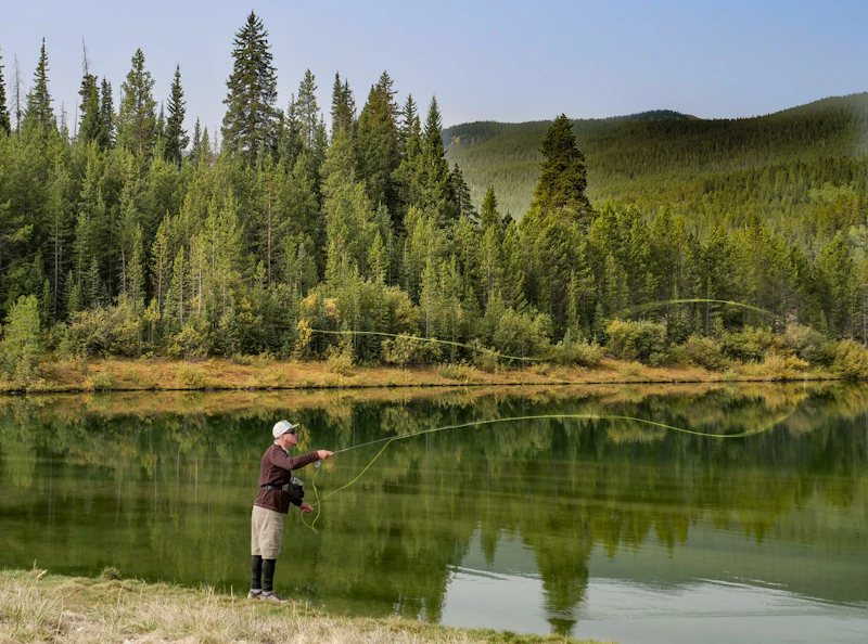 a man fly fishes at the edge of a lake in the forest