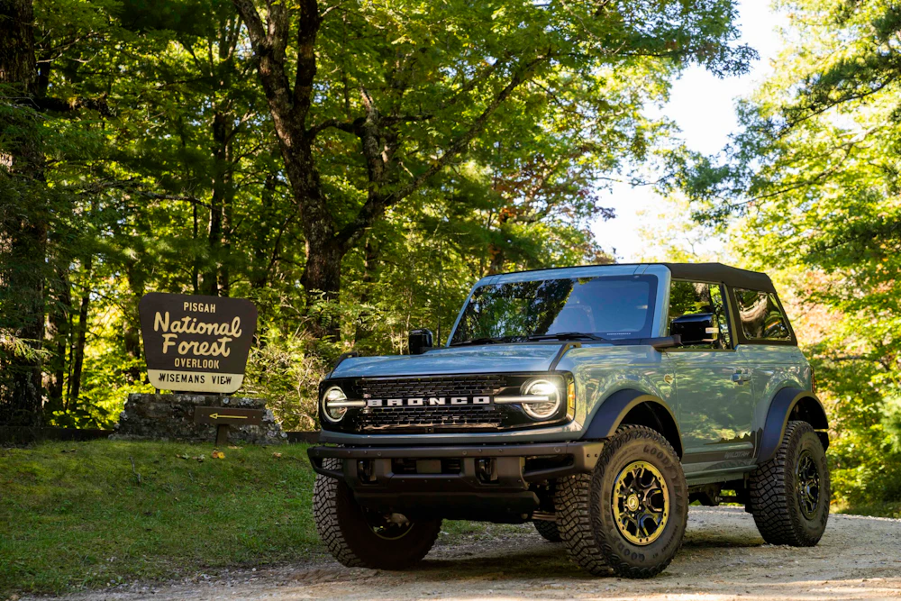 parked vehicle in front of a forest sign