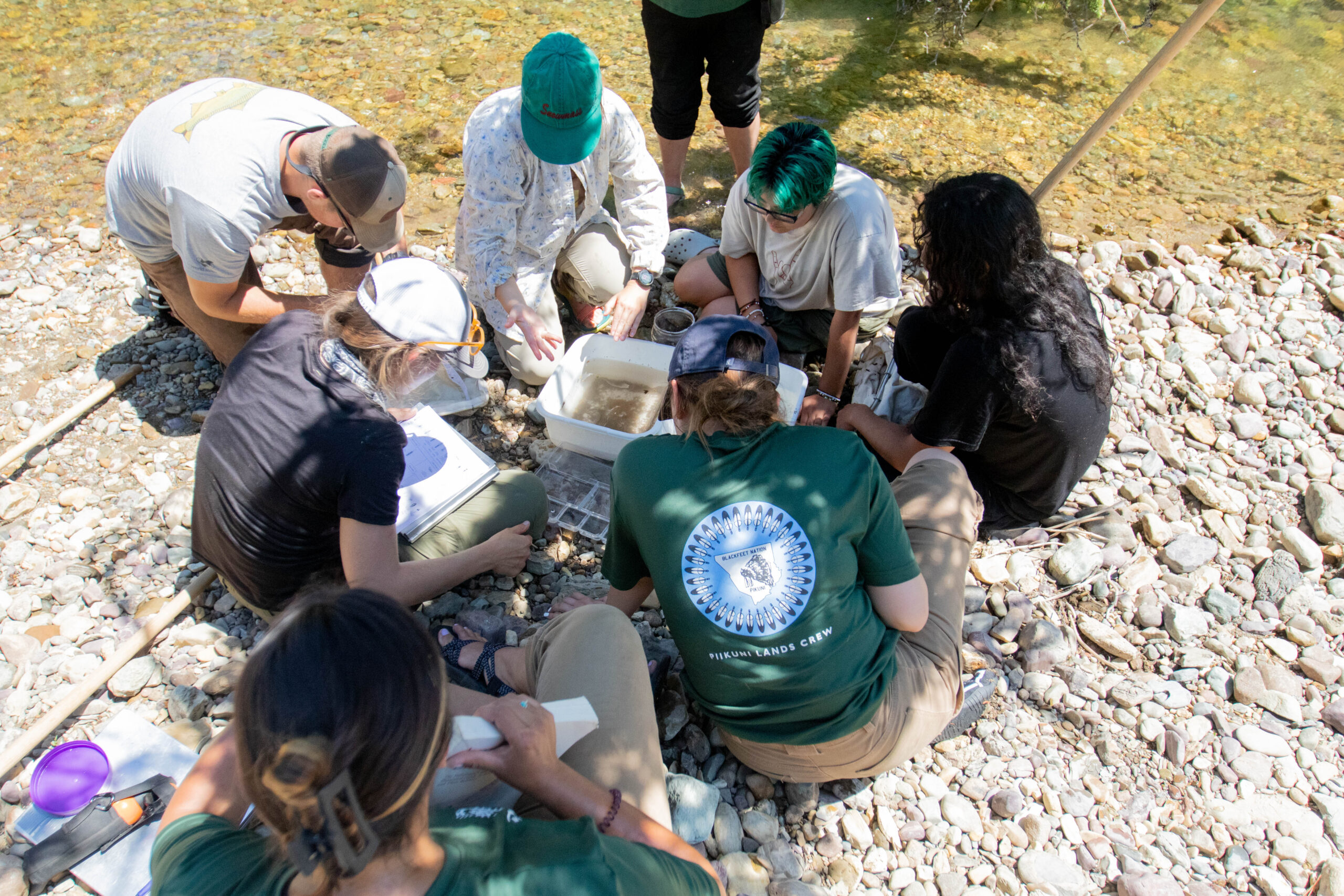 A group of young adults crouched down near a river bank