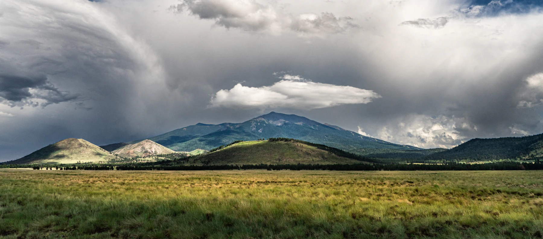 Sweeping view of flat grasslands leading into soaring mountain peeks.