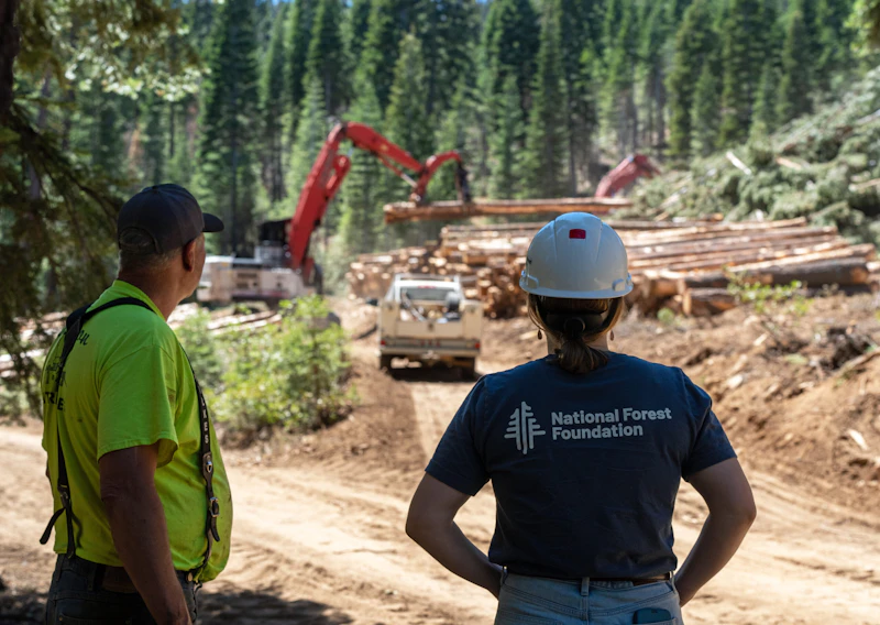 NFF staff and crew members watch logs from a forest health treatment project get processed.