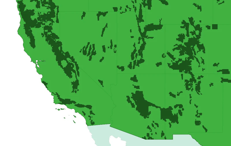 Map of National Forests in California, Nevada, Utah, Arizona, Colorado, and New Mexico.