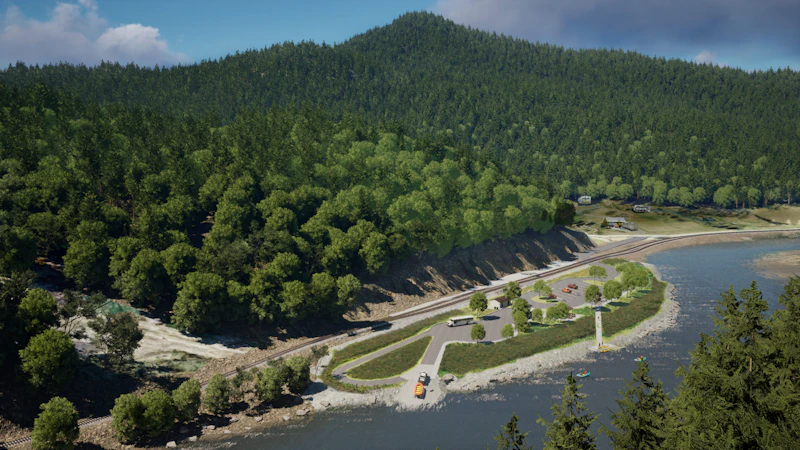 Rendering shows an expanded parking area, a dedicated small watercraft ramp, and new amenities.