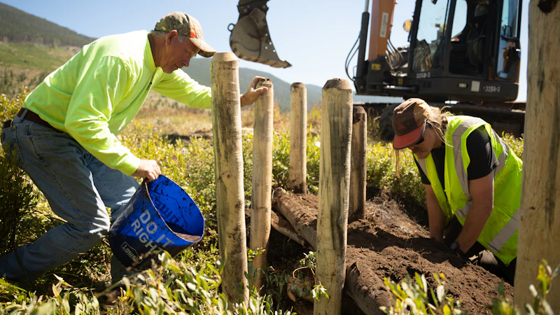 Crew packs in mud around upright posts to build a Beaver Dam Analog.