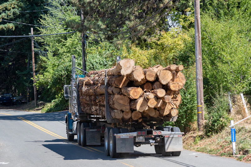 Truck carrying logs on a flatbed.