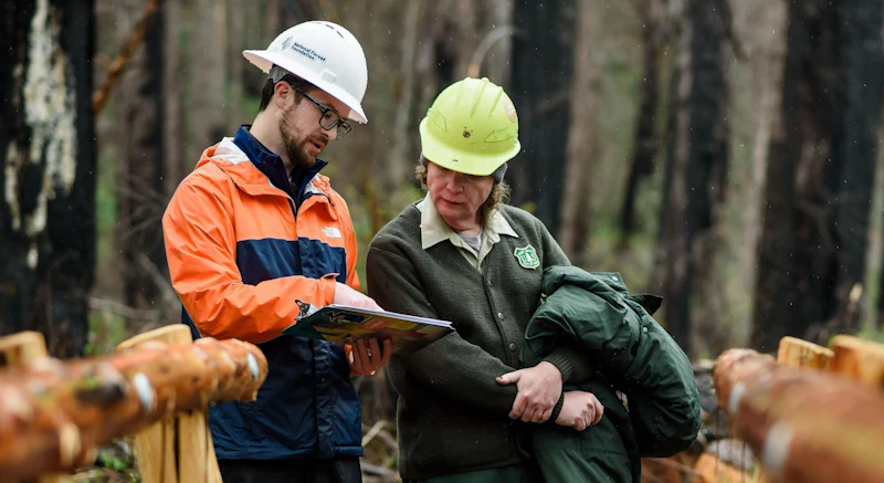 NFF staffer talks to a Forest Service employee on a project site.