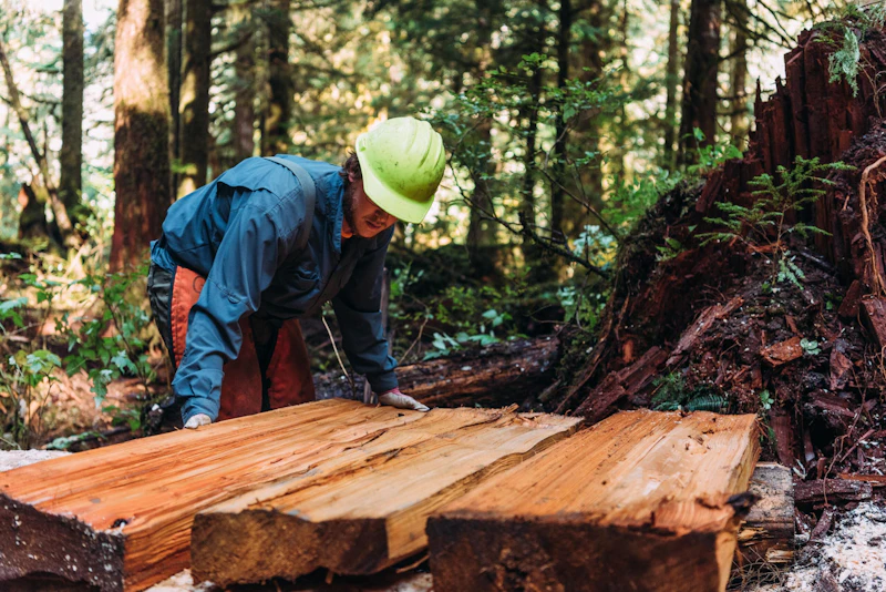 An EarthCorps crew member positions freshly milled lumber during trail work at Lake 22, supported by REI, deep in a lush Pacific Northwest forest.