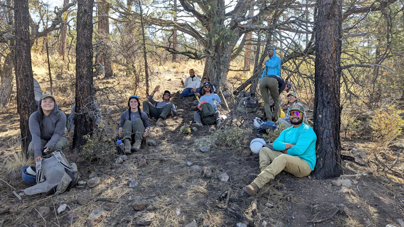 a group of people sit beneath trees in a dry forest
